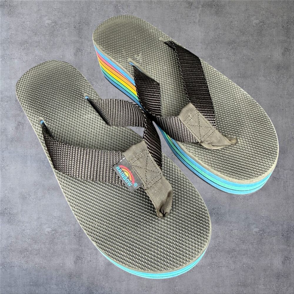 Rainbow Sandals Womens Platform Wedge Flip Flops Rainbow Multi Layer Black Sz SM